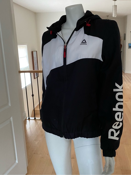 Reebok Jackets & Blazers - Reebok Black White Hoodie Jacket with Red Accents